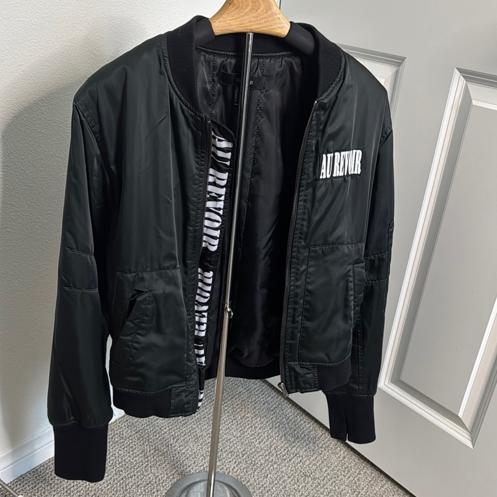 Metallic Army Green Bomber Jacket with White Text